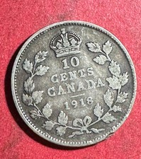 1918 Canada King George V SILVER 10 CENTS! Good! WW2! Old Canadian Coin!