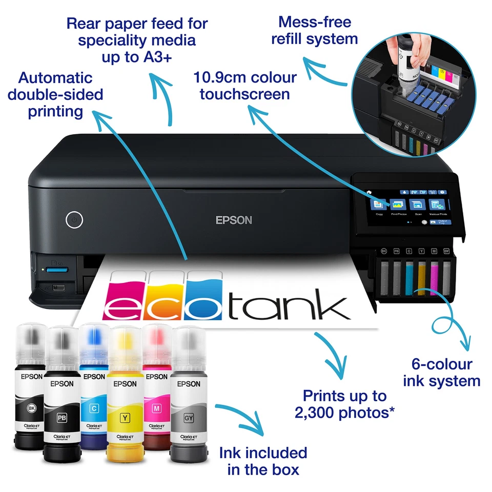 Epson EcoTank ET-8550+Ink A3+ Photo Printer Colour, Black & White Wi-Fi Wireless - Image 2 of 4