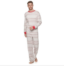 Lauren Conrad Men's White/Red/Gray Cotton Knit Fairisle Print Pajama Set EUC