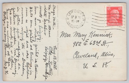 RPPC Augustus Square Mende Fuente Nuevo Teatro Oficina de Correos Leipzig Alemania 1928 - Imagen 2 de 2