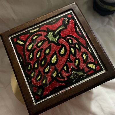 Retro 1970s 8 Wood and Cork Coasters with Faux Stained Glass Wood Coaster Holder