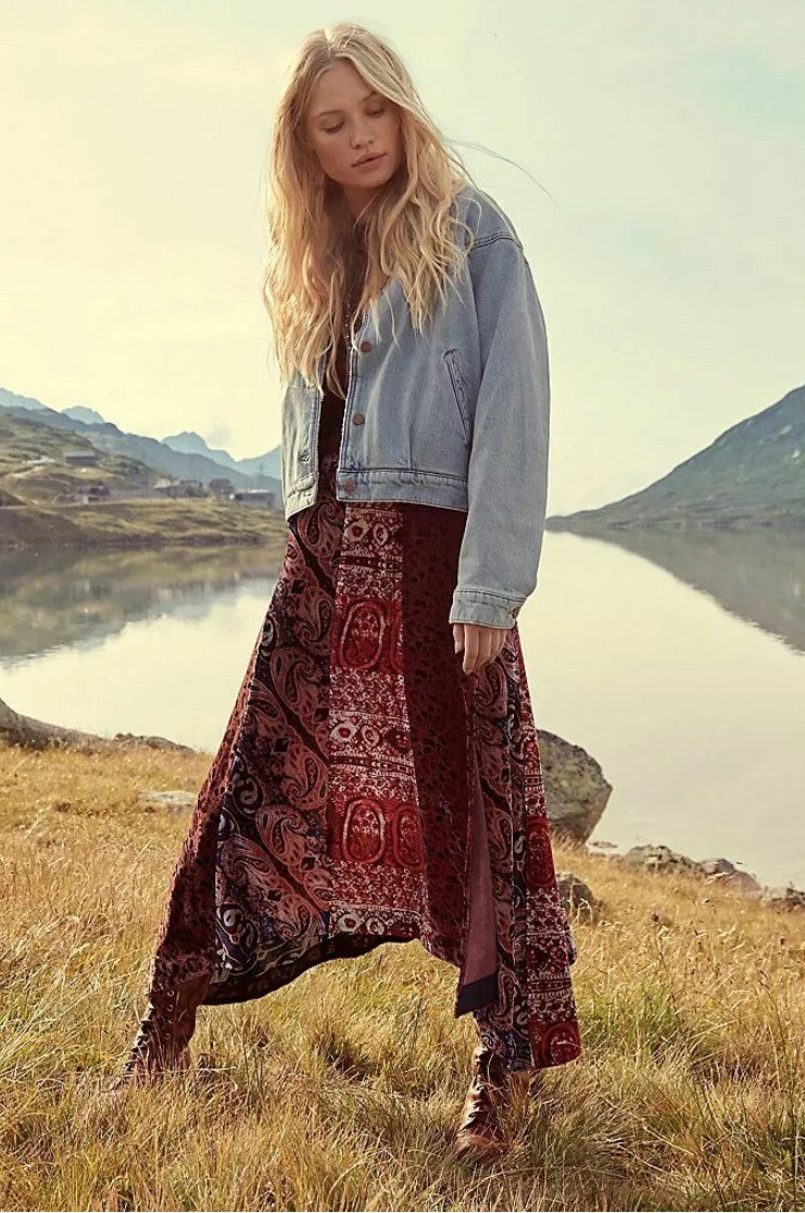 Free People High Atlas Panel Velvet Maxi Skirt Size 0 MSRP $168