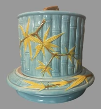 Royal Worcester Majolica Pottery Bamboo Cheese Keeper Dome & Stand 19th C