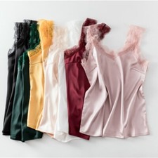Women Lace Satin Vest Camisole Tank Tops Chemise Faux Silk Sleeveless Shirt