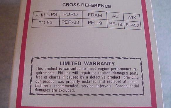 2 Phillips 66 Oil Filters-PO-83 with Cross Reference Chart