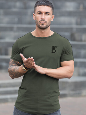 BBH Designer Herren Slim Fit Muskel T-Shirt Gym Fitness Uni Curved Hem Tee Top