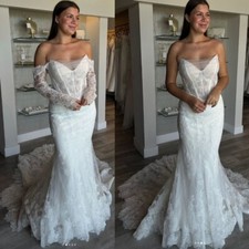 Boho Mermaid Wedding Dresses Off Shoulder Lace Appliques Sweep Train Bridal Gown