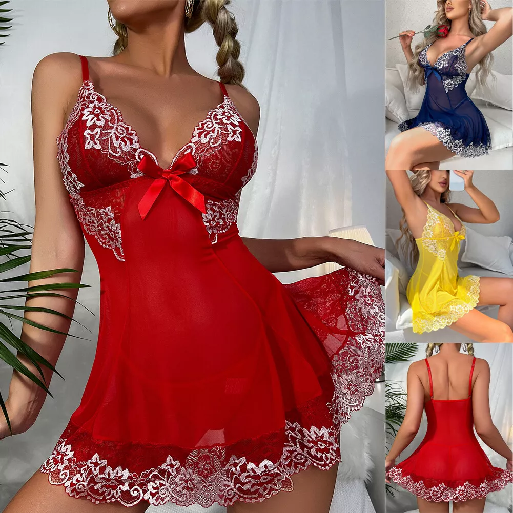 Women Sexy Erotic Lingerie Red Sleepwear Nightgown Pajamas Long Dress  Erotic Lingerie