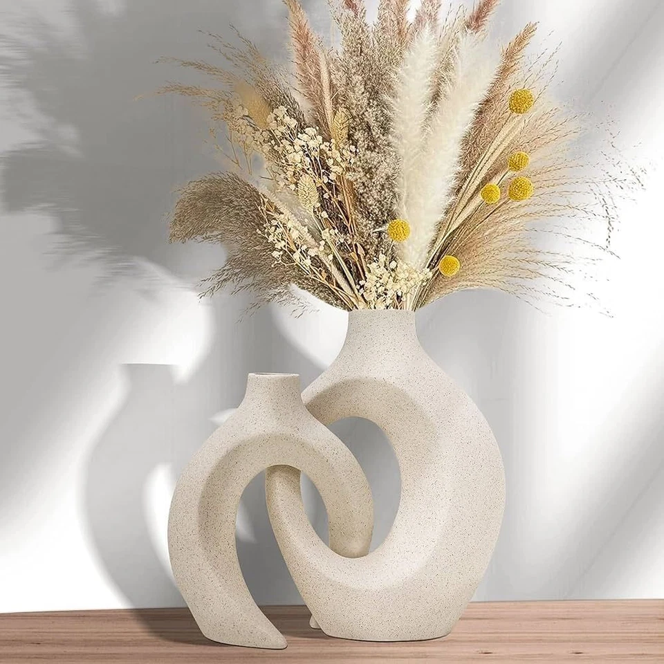2er Set Keramik Vase Hohle Beige Moderne Vasen Dekovase Nordisches Vasen Deko - Bild 4 von 4