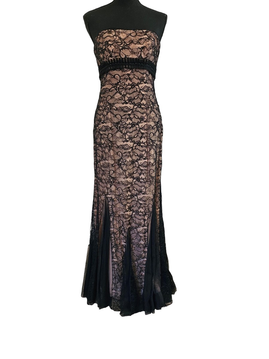 Badgley Mischka スリーブレスラッフルフレアー ロングドレス 黒 Badgley Mischka Strapless Gown Asymmetrical Bodice EG4311