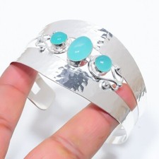 Aqua Chalcedony Gemstone 925 Sterling Silver Jewelry Adjustable Cuff Bracelet