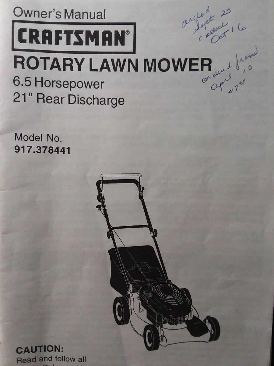 Craftsman Sears 6.5 hp 21 Walk Behind Lawn Mower Owner Parts