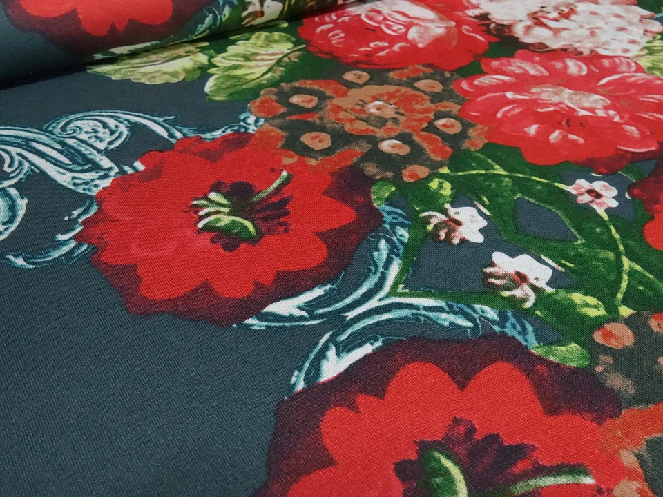 ☻ Stoff Ital. Designer Jersey Blumen Borden Druck dunkelgrün petrol bunt ☻ - Bild 4 von 4