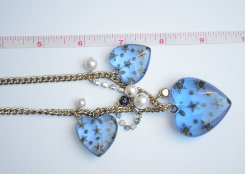 Betsey Johnson Heavens To Betsey Blue Lucite Hearts Stars Pearls Necklace - Picture 8 of 9