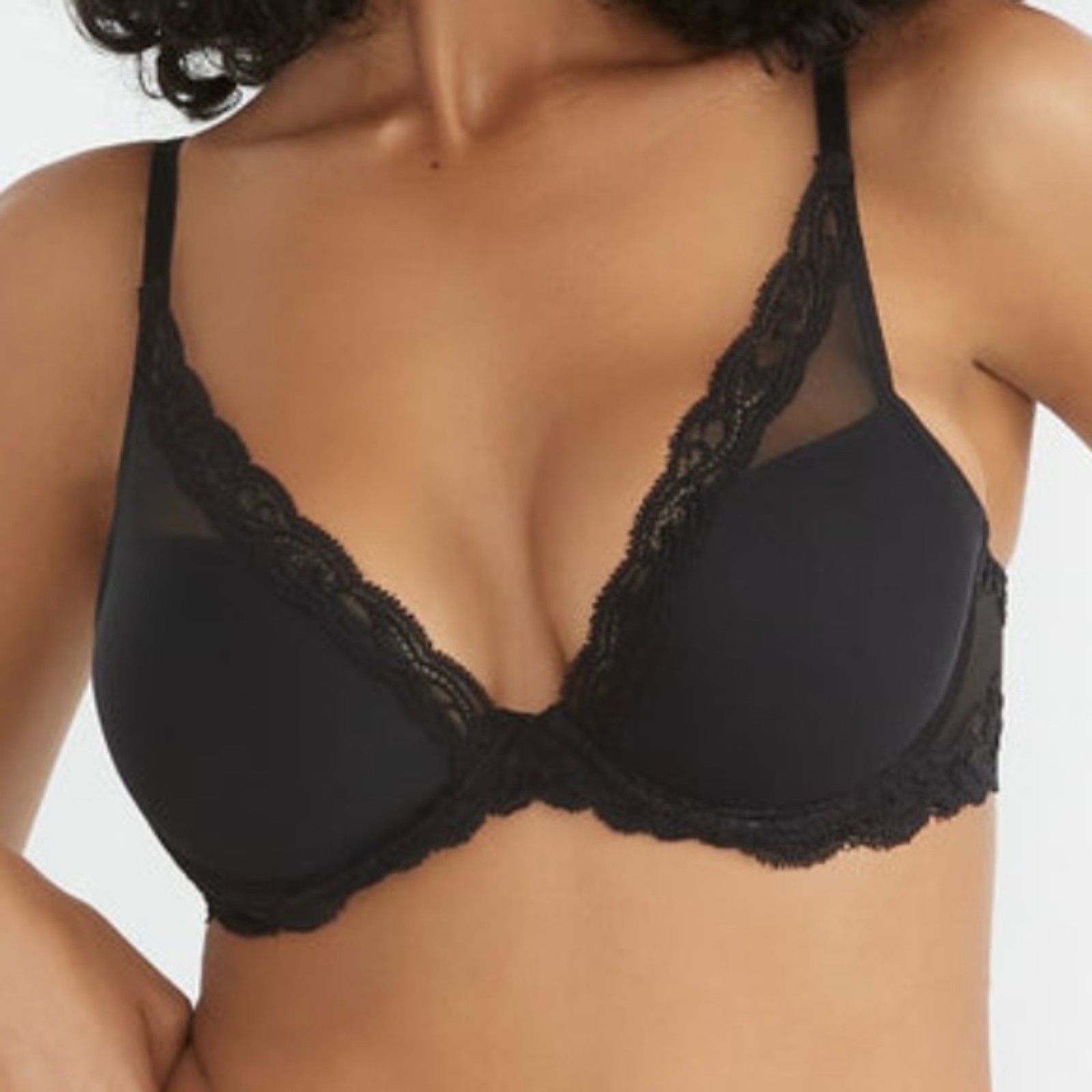 Natori Feathers Mesh Lace Contour Plunge Padded Underwire Bra Black sz 32DD NWOT