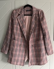 I Saw It First Pink Red Black Checked Print Jacket Blazer With Pockets - Size 8