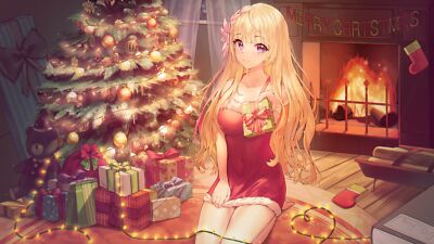 Anime girls wakum artwork christmas tree dress presents Playmat Game Mat Desk