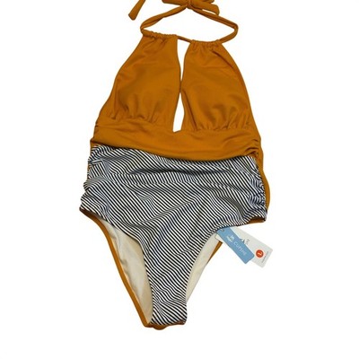 Cupshe Women Mustard Yellow Striped Halter One Piece Swimsuit Keyhole Size Large