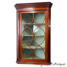 Antique Georgian hanging corner cupboard inlaid dental molding mahogany 18th