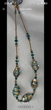Signed Murano Avventurina Glass Necklace Mid-Cent. Lampwork Beads Gold toneChain