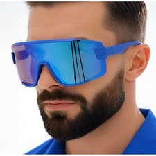 Shield Sunglasses Blue Frame Mirrored Lens Sport Cycling Running Men UV Lentes