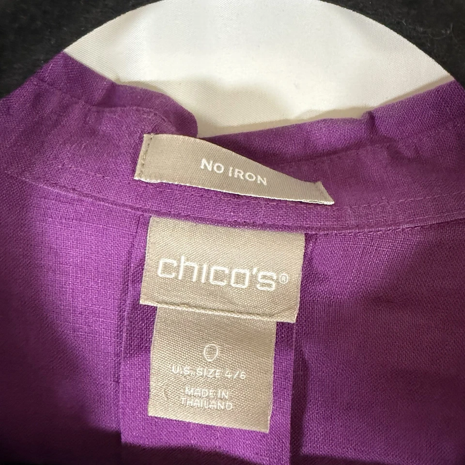 Blusa para mujer Chico's 100 % lino 0 4-6 púrpura abotonada manga 3/4 sin planchar Foto 4 de 4