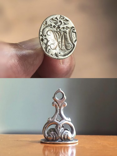 Antique Silver Fob Seal with Monogram & Flowers.19th C.