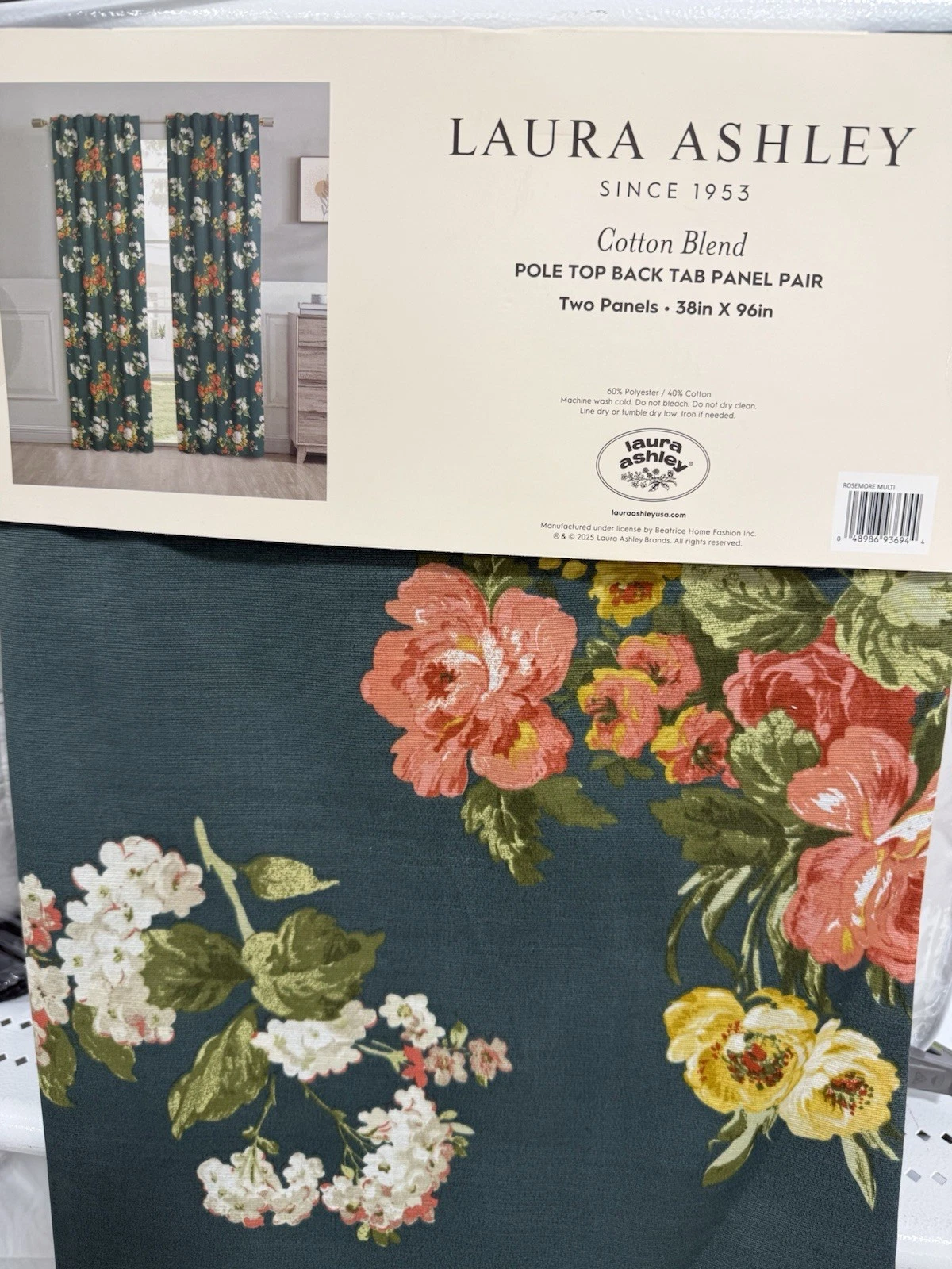 (2) Laura Ashley Rosemore Multi Floral Green Pole Top Back Tab Panel 96” New~