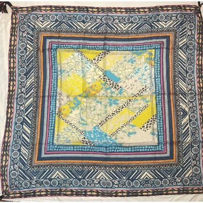 Johnny Was Silk Scarf Large Square Patchwork Boho Tassel Wrap Pink Blue