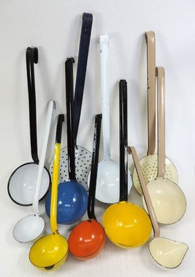Vintage Enamelware Collection of 10 Ladles Dipper Skimmers Poland Sweden