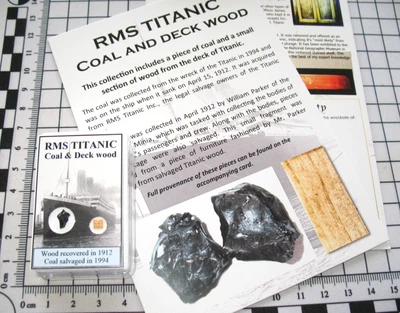 RMS Titanic coal fragment and deck wood piece w/ID card double display 1 per bid - Image 1 of 3