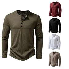 Men's Cotton Button Henley neck Shirt Long Sleeve Casual Button Solid color.
