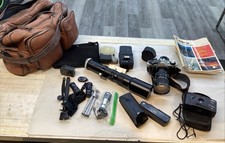 Canon AE-1 35mm SLR Film Camera w Lens  Lots Of Extras - CLEAN - Works