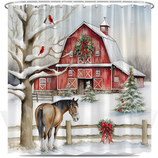 Winter Farm Shower Curtain Country Barn Wreath Horses Green Pine Tree Red Bird S