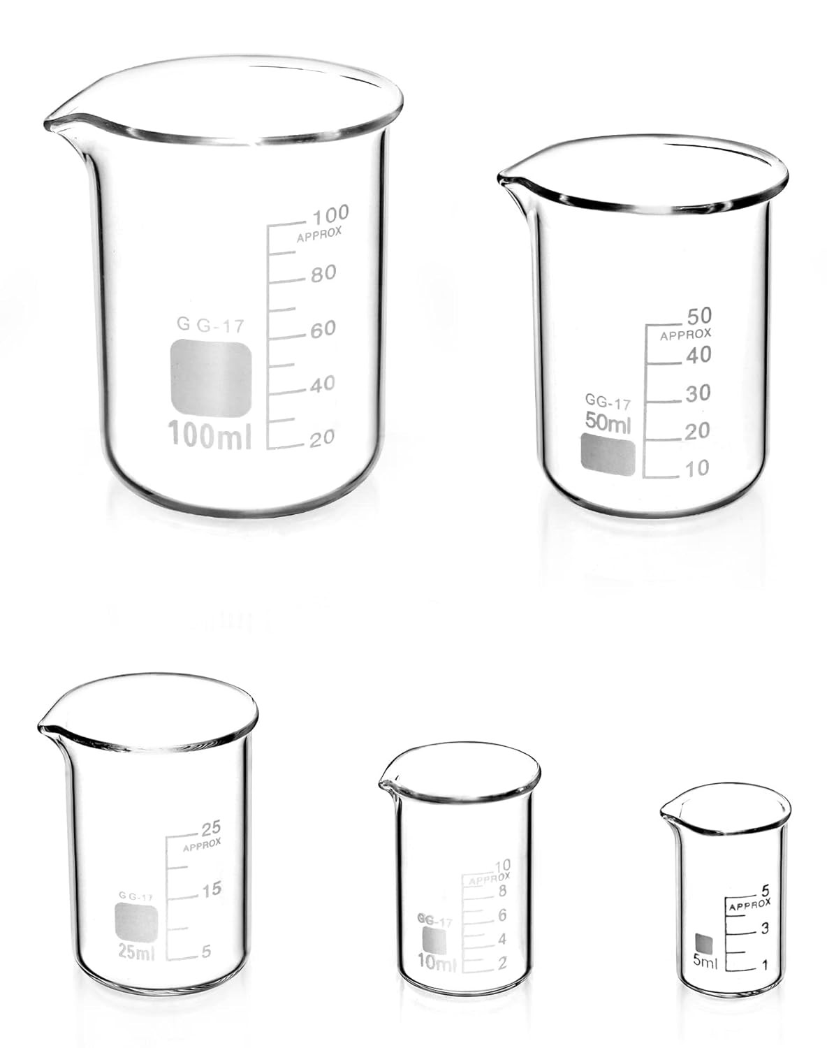 Набор из 5 чашек Бехергласа, боросиликатного стекла, рабочей смеси, молекулярной массы