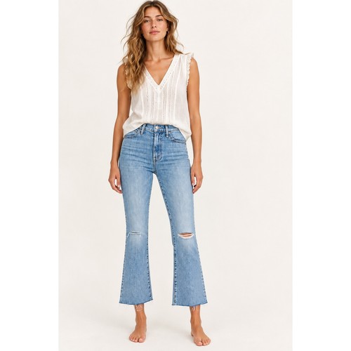 Mother Superior Hustler Ankle Fray Jeans 34 Blue Crashing Hard Distressed Flare