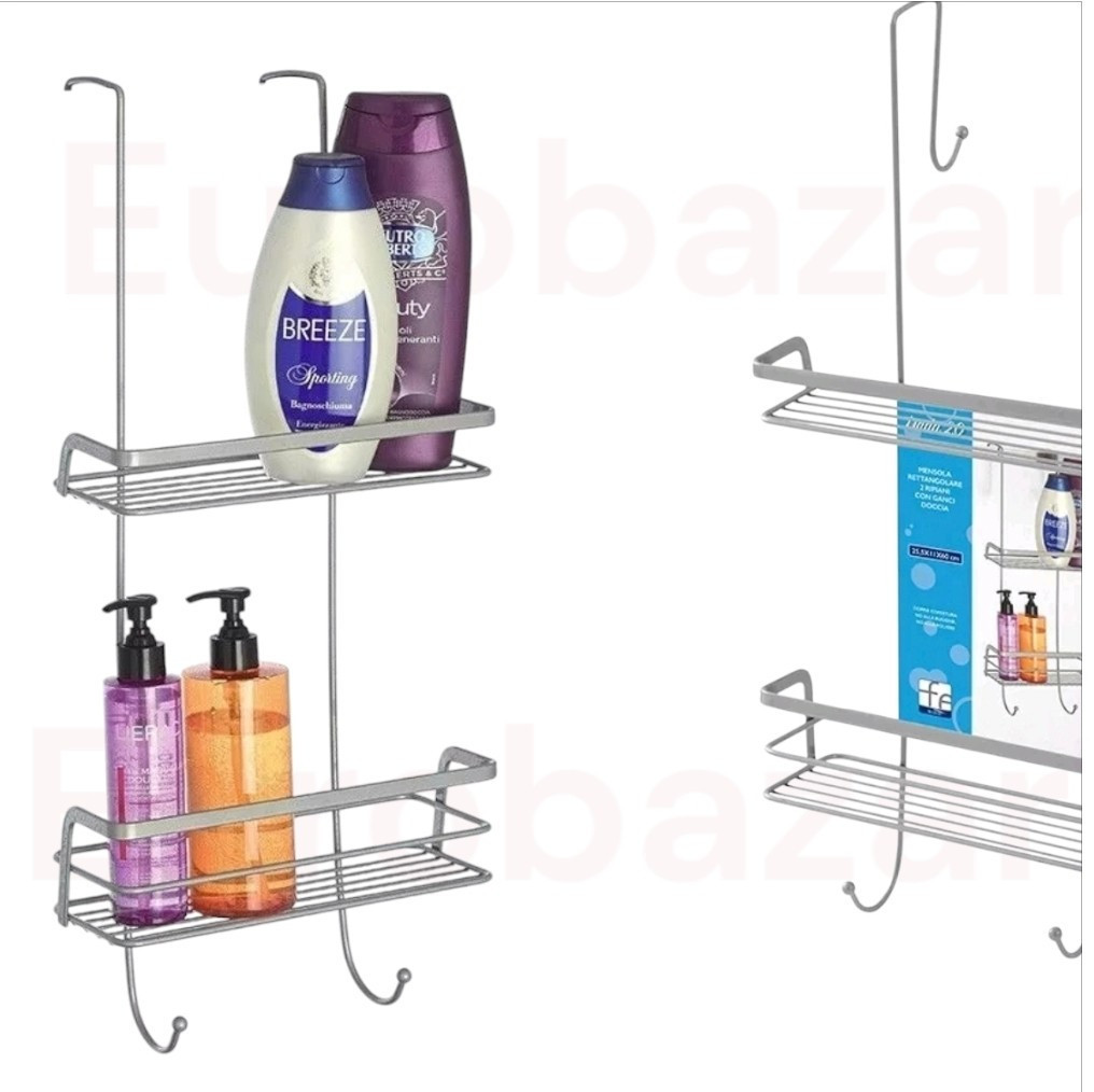 Mensola doccia in acciaio grigio con ganci e ripiani portaoggetti