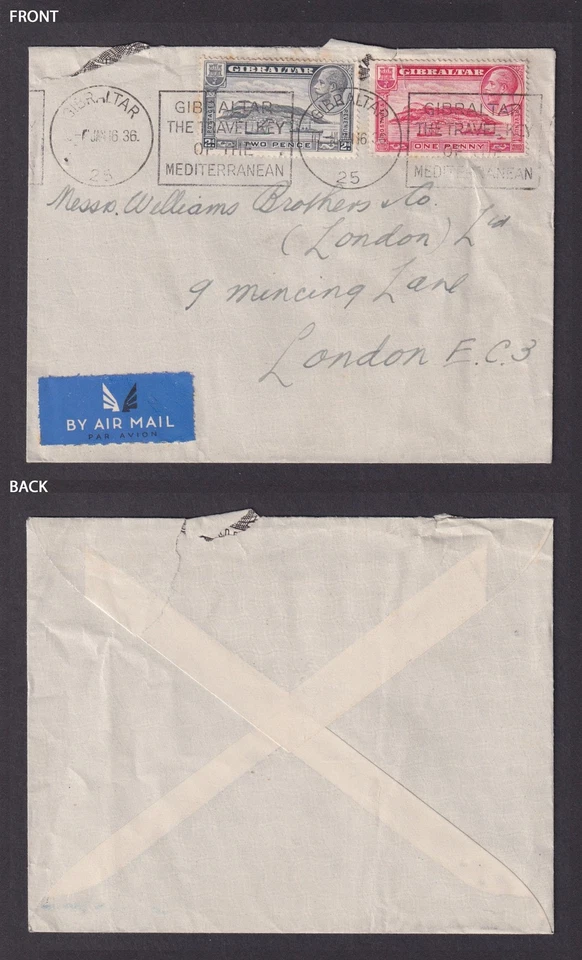 GIBRALTAR 1936, Cubierta de correo aéreo a Londres Reino Unido Foto 3 de 3