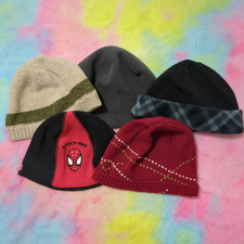 Mixed Beanie Hats Winter 3M-12M Boys Red Black Gray Brown Fleece Knit Lot Of 5