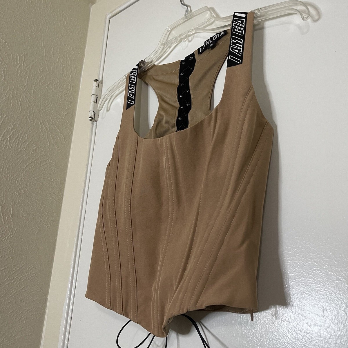 I AM GIA tan brown corset cinch back logo top size Medium | eBay