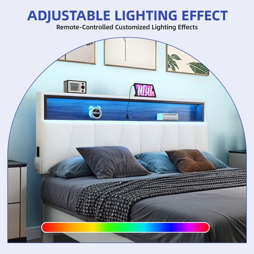 Full Size Bed Frame w/ Upholstered Headboard Storage LED Lights & Power Outlets - Picture 5 of 12