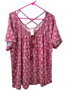 Faded Glory Knit Peasant Top Red Varigated Print Womens 3X 22W-24W