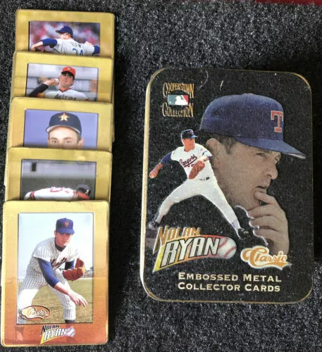 Cooperstown Collection Set of 5 Nolan Ryan Embossed Metal Collector Cards &  Tin