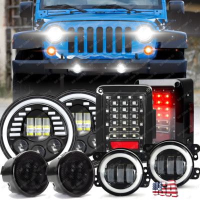 For Jeep Wrangler JK 2007-2018 Combo 7'' LED Headlights Fog Lamp Turn Tail Lights