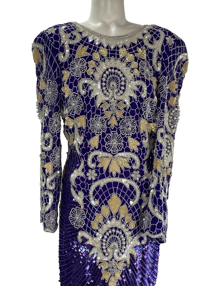 Alisha Vintage Sequin Beaded Silk Evening Gown Women’s 10/12 Purple Long Sleeve - Image 2 of 4