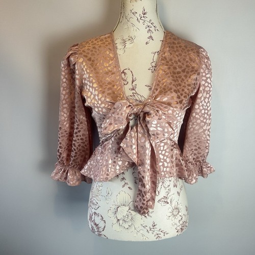 Bluse rosa vanille metallic Leopard vorne zum Binden – UK 6 Party Statement Top
