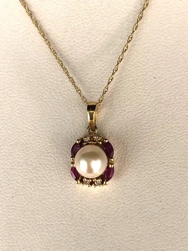 14k Yellow Gold Cultured Pearl Lab-Created Ruby & Diamond Pendant Necklace - Picture 2 of 6