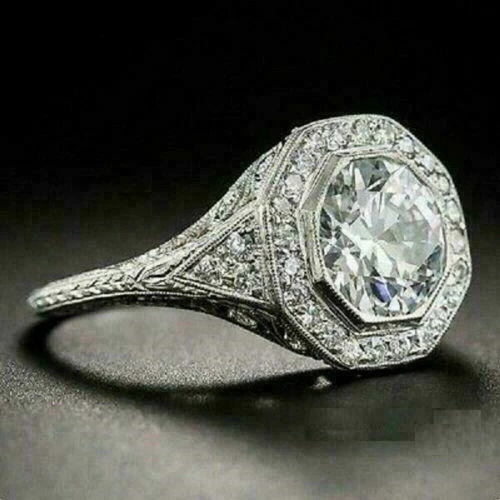 3Ct Round Cut Art Deco Lab Created Moissanite Diamond Ring 14k White Gold Finish