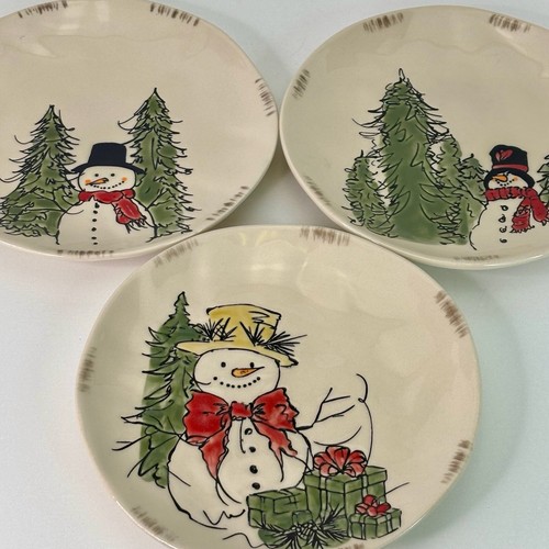 3 Salad / Dessert Plates 3 Designs Eli & Ana Handmade Snowman 8.5” New - Bild 1 von 7