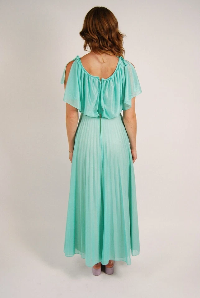 70s Aquamarine Dress (XS) vintage layered empire waist flowy maxi party bias cut - Image 3 of 4